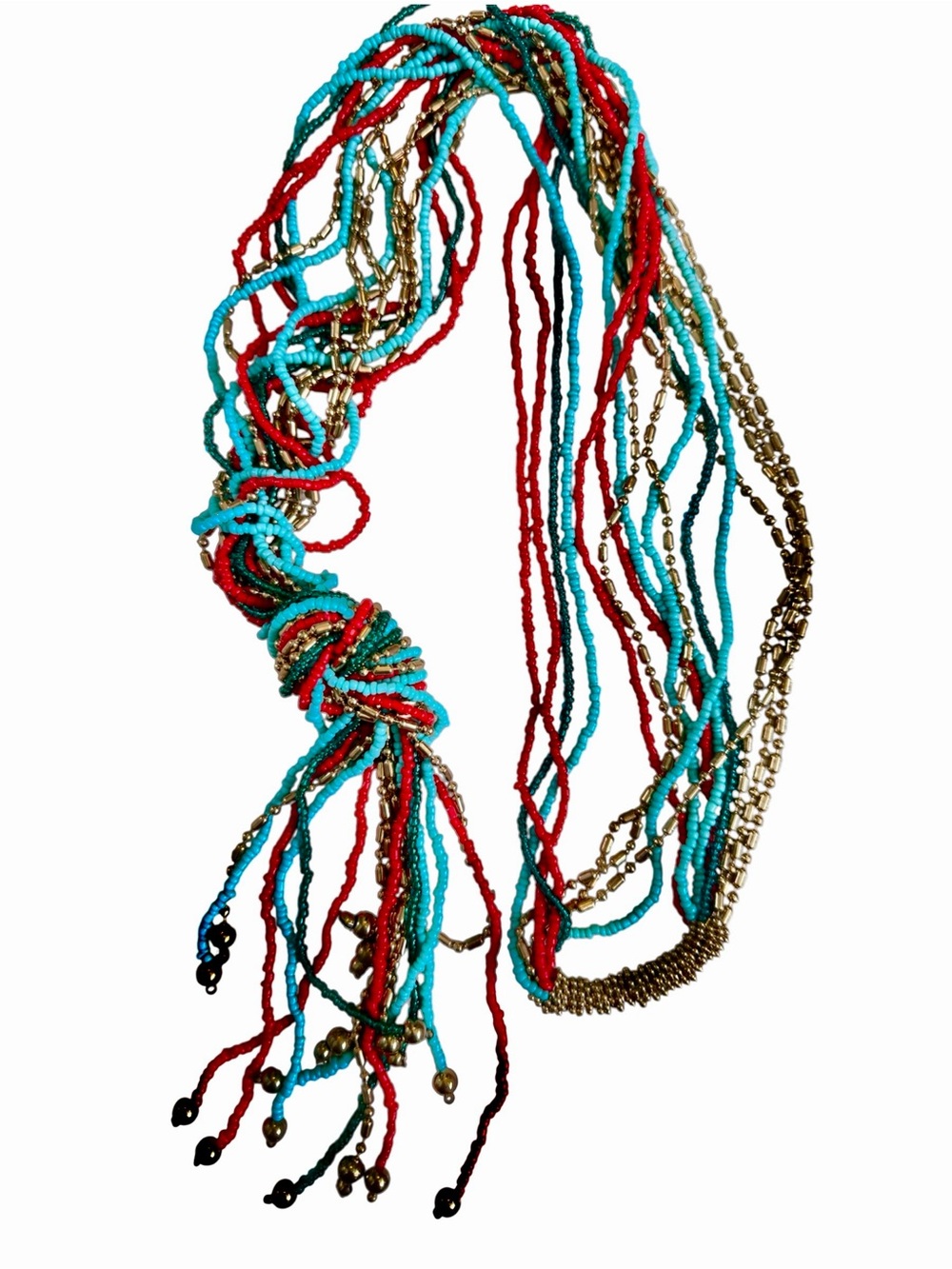 Bohemian Multi Strand Seed Bead Long Necklace Turquoise Gold Red Beads